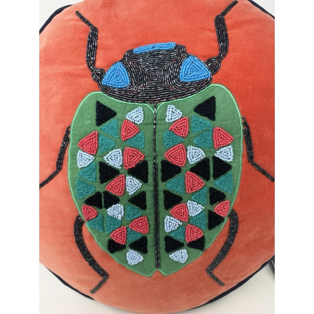 Jonathon Adler Round  Embroidered Beaded Multicolor Last Bug Beatle NWT